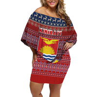 Personalised Kiribati Christmas Family Matching Off Shoulder Short Dress and Hawaiian Shirt Coat of Arms and Map Beautiful Merry Xmas Snowflake LT03 Mom's Dress Red - Polynesian Pride