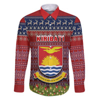 Personalised Kiribati Christmas Family Matching Puletasi Dress and Hawaiian Shirt Coat of Arms and Map Beautiful Merry Xmas Snowflake LT03 Dad's Shirt - Long Sleeve Red - Polynesian Pride
