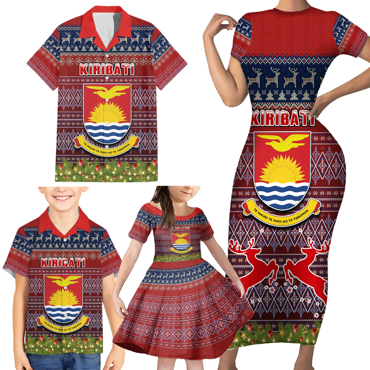 Personalised Kiribati Christmas Family Matching Short Sleeve Bodycon Dress and Hawaiian Shirt Coat of Arms and Map Beautiful Merry Xmas Snowflake LT03 - Polynesian Pride