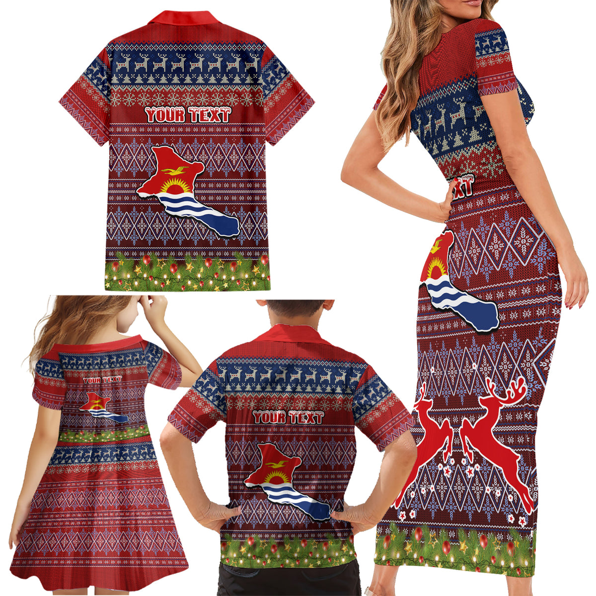 Personalised Kiribati Christmas Family Matching Short Sleeve Bodycon Dress and Hawaiian Shirt Coat of Arms and Map Beautiful Merry Xmas Snowflake LT03 - Polynesian Pride