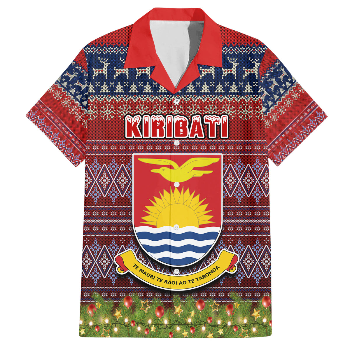 Personalised Kiribati Christmas Family Matching Short Sleeve Bodycon Dress and Hawaiian Shirt Coat of Arms and Map Beautiful Merry Xmas Snowflake LT03 Dad's Shirt - Short Sleeve Red - Polynesian Pride