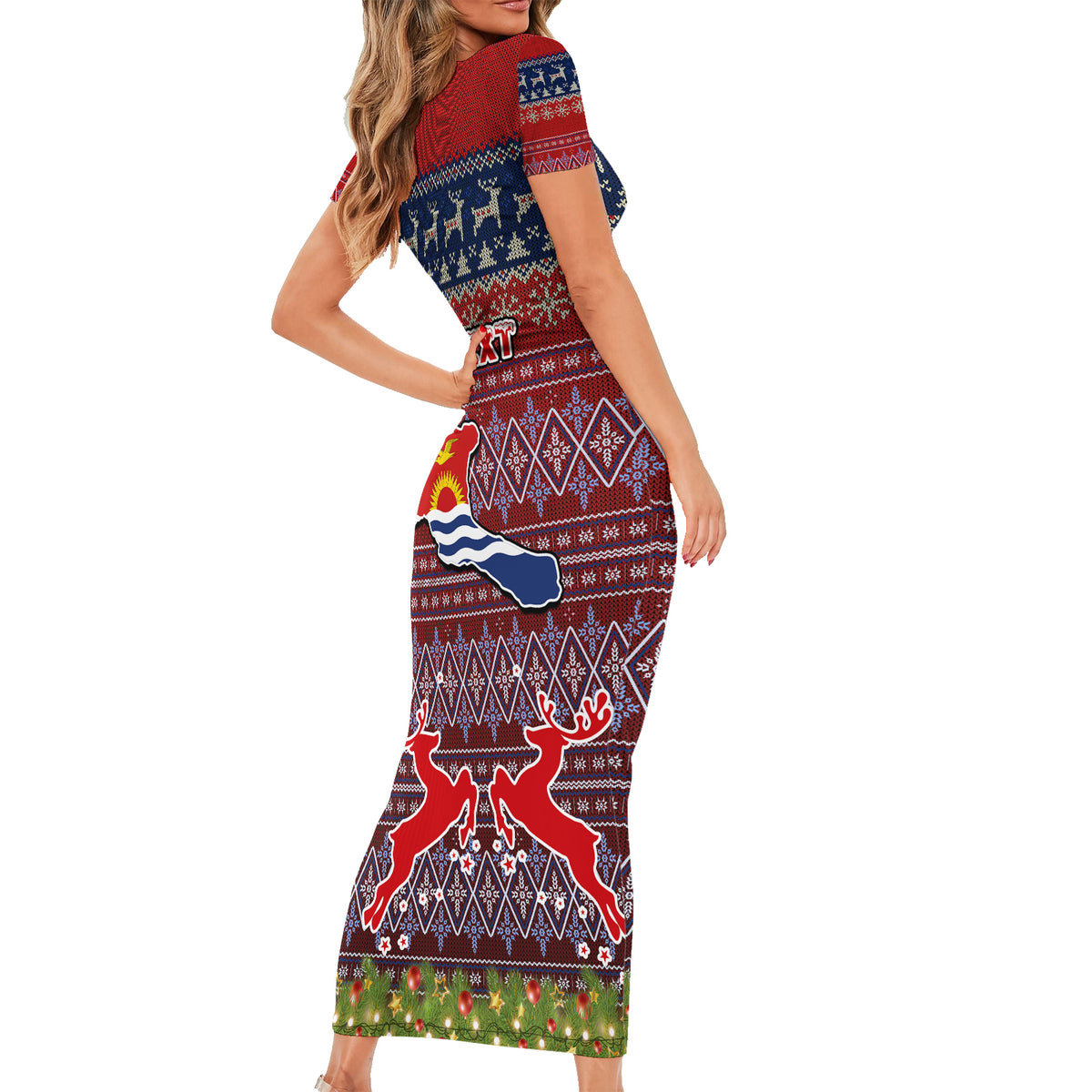 Personalised Kiribati Christmas Family Matching Short Sleeve Bodycon Dress and Hawaiian Shirt Coat of Arms and Map Beautiful Merry Xmas Snowflake LT03 - Polynesian Pride