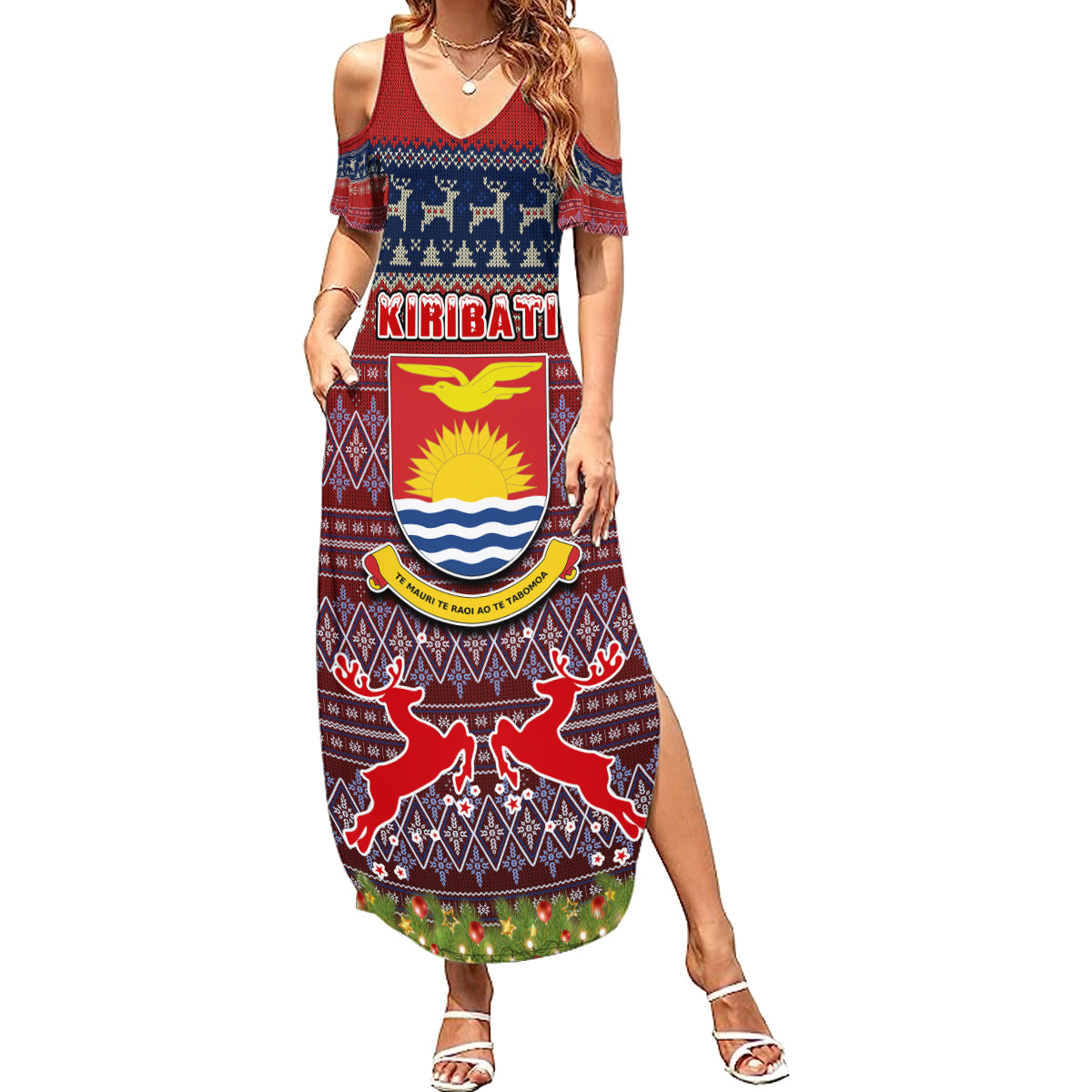 Personalised Kiribati Christmas Family Matching Summer Maxi Dress and Hawaiian Shirt Coat of Arms and Map Beautiful Merry Xmas Snowflake LT03 Mom's Dress Red - Polynesian Pride