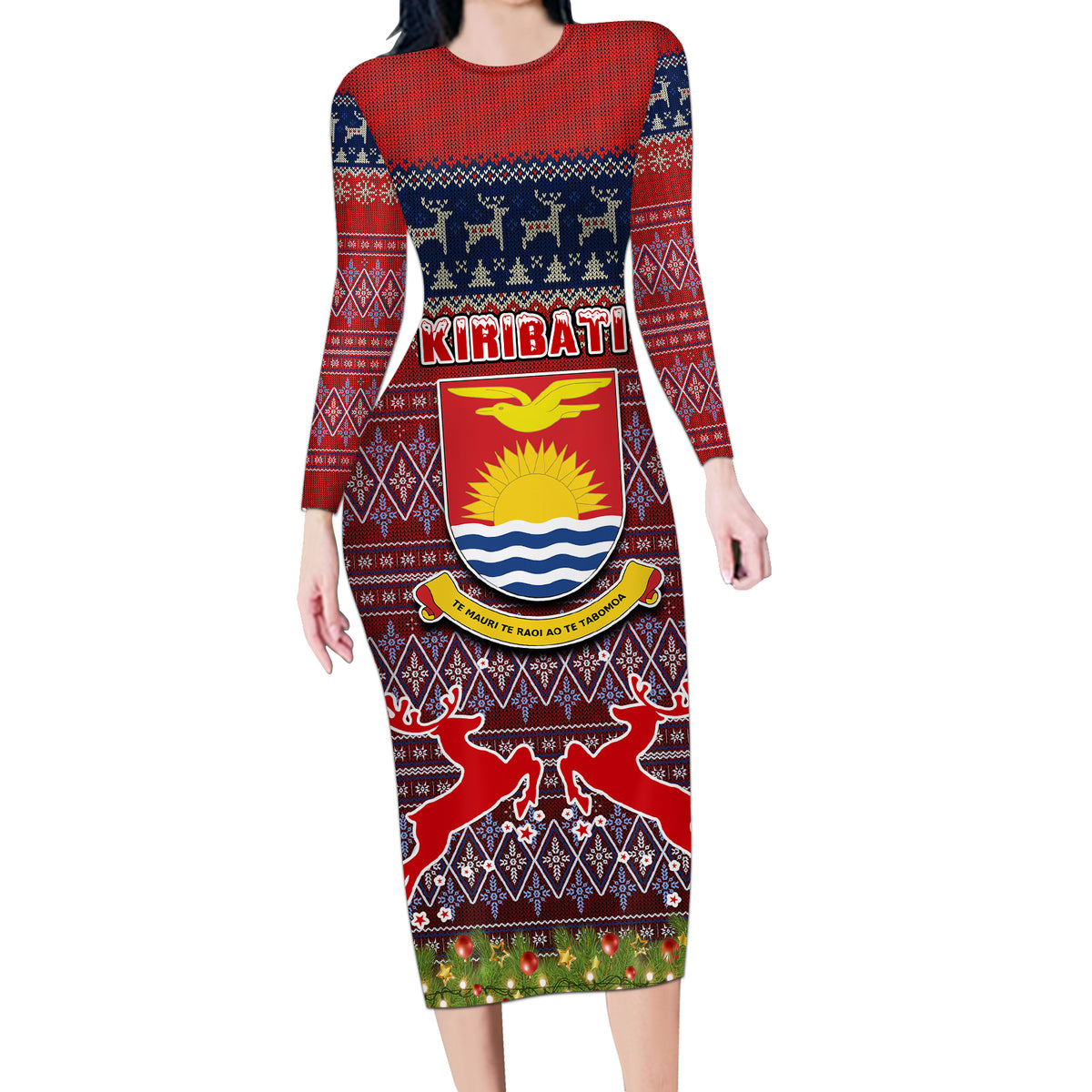 Personalised Kiribati Christmas Long Sleeve Bodycon Dress Coat of Arms and Map Beautiful Merry Xmas Snowflake LT03 Long Dress Red - Polynesian Pride