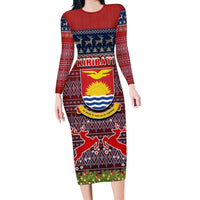 Personalised Kiribati Christmas Long Sleeve Bodycon Dress Coat of Arms and Map Beautiful Merry Xmas Snowflake LT03 Long Dress Red - Polynesian Pride