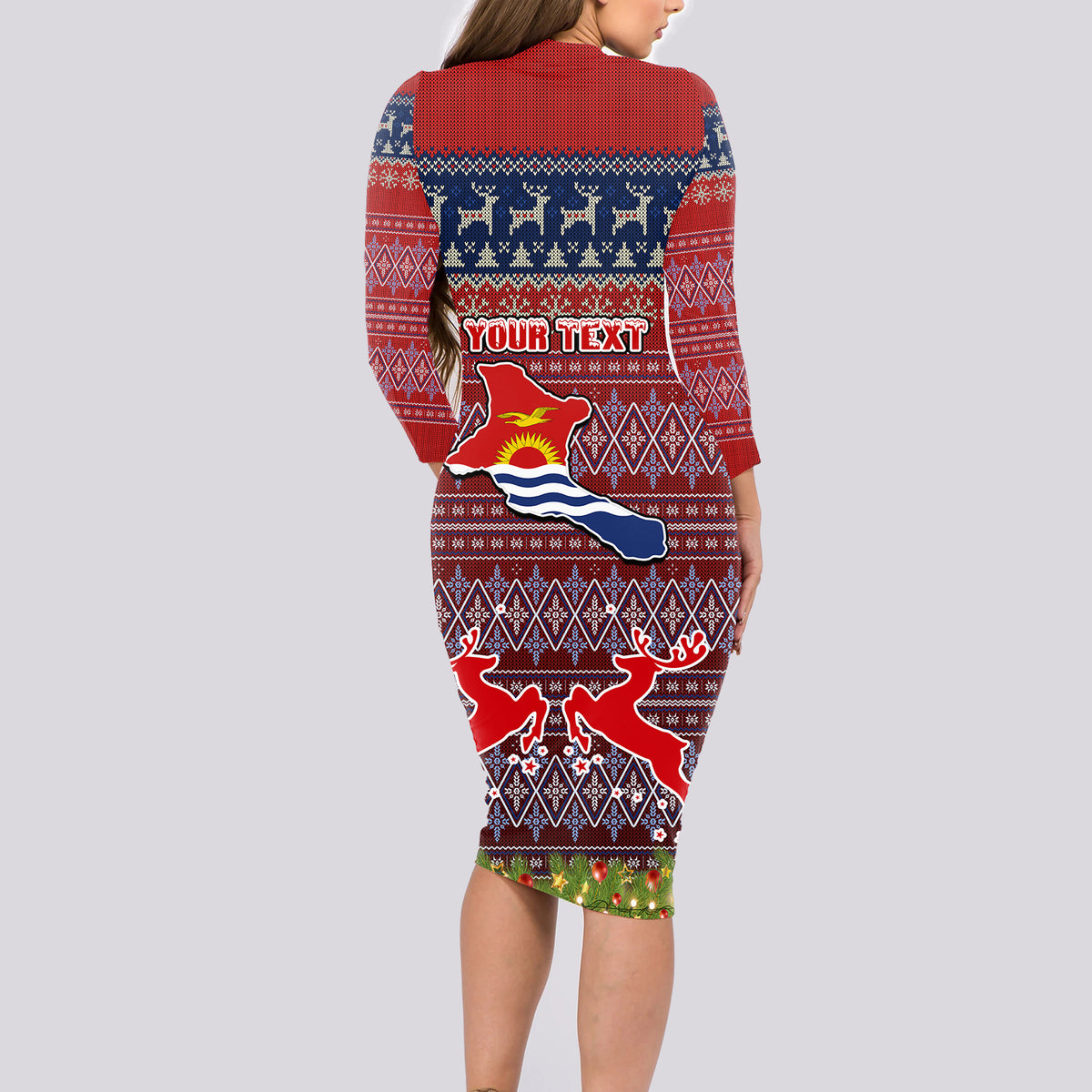 Personalised Kiribati Christmas Long Sleeve Bodycon Dress Coat of Arms and Map Beautiful Merry Xmas Snowflake LT03 - Polynesian Pride