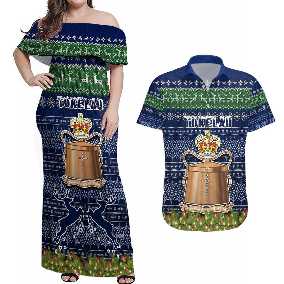 Tokelau Christmas Couples Matching Off Shoulder Maxi Dress and Hawaiian Shirt Coat of Arms and Map Beautiful Merry Xmas Snowflake LT03 Blue - Polynesian Pride