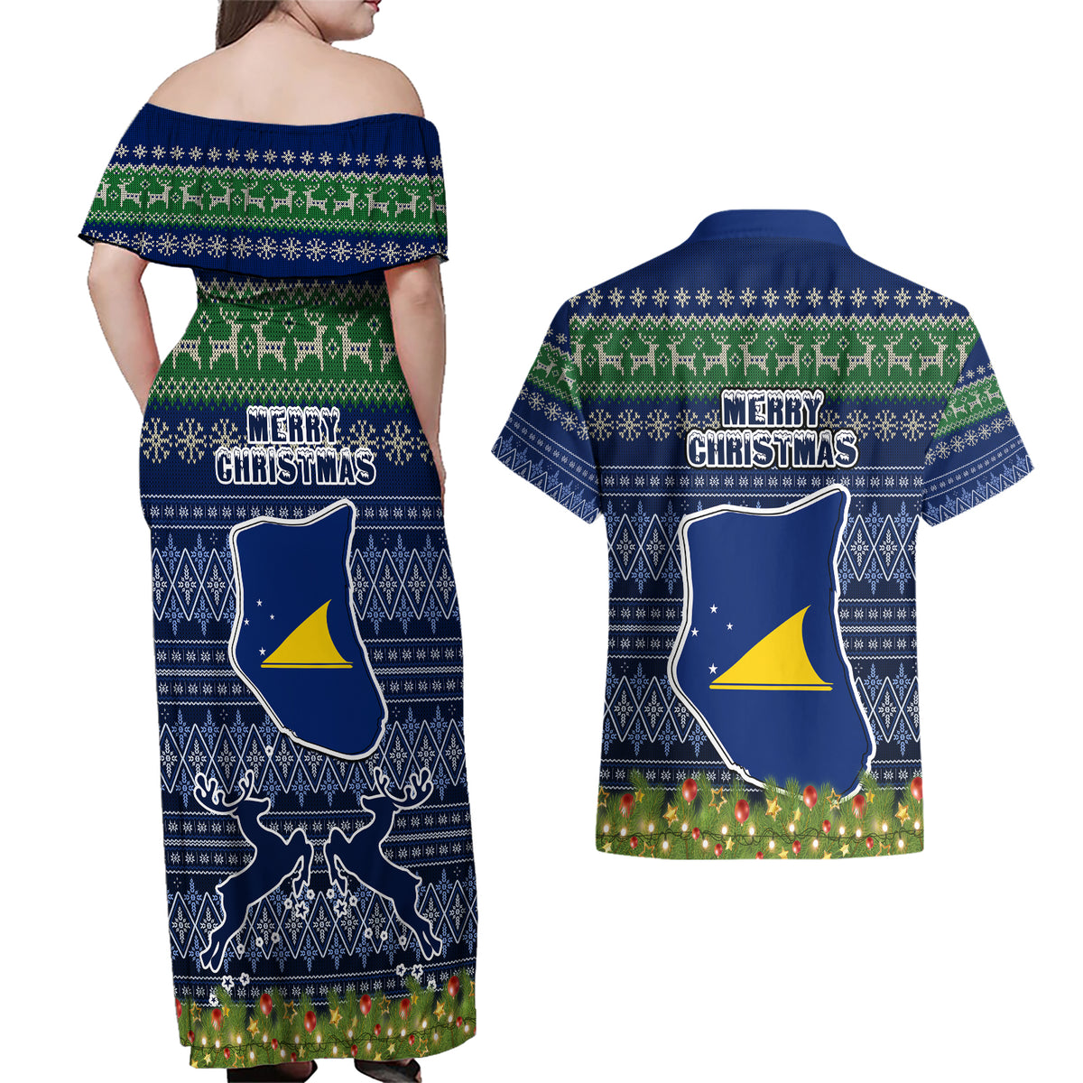 Tokelau Christmas Couples Matching Off Shoulder Maxi Dress and Hawaiian Shirt Coat of Arms and Map Beautiful Merry Xmas Snowflake LT03 - Polynesian Pride