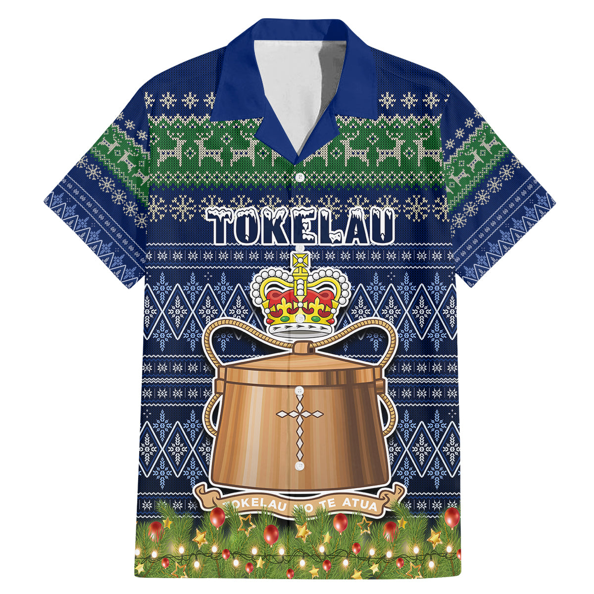 Tokelau Christmas Family Matching Mermaid Dress and Hawaiian Shirt Coat of Arms and Map Beautiful Merry Xmas Snowflake LT03 Dad's Shirt - Short Sleeve Blue - Polynesian Pride