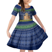 Tokelau Christmas Family Matching Off Shoulder Long Sleeve Dress and Hawaiian Shirt Coat of Arms and Map Beautiful Merry Xmas Snowflake LT03 Daughter's Dress Blue - Polynesian Pride