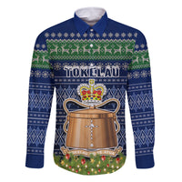 Tokelau Christmas Family Matching Off Shoulder Long Sleeve Dress and Hawaiian Shirt Coat of Arms and Map Beautiful Merry Xmas Snowflake LT03 Dad's Shirt - Long Sleeve Blue - Polynesian Pride