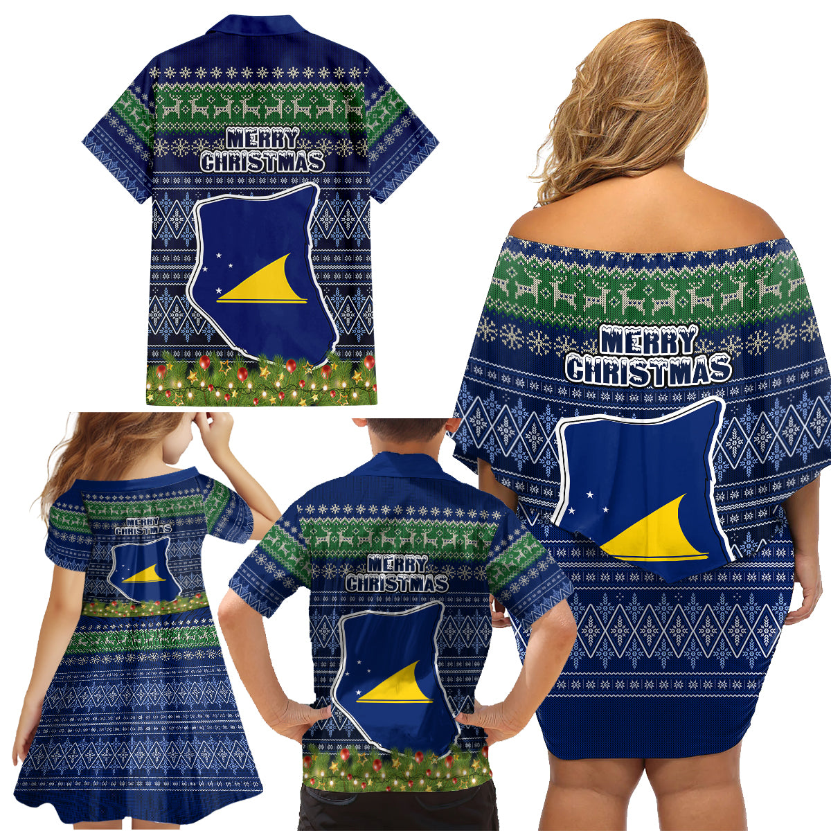 Tokelau Christmas Family Matching Off Shoulder Short Dress and Hawaiian Shirt Coat of Arms and Map Beautiful Merry Xmas Snowflake LT03 - Polynesian Pride