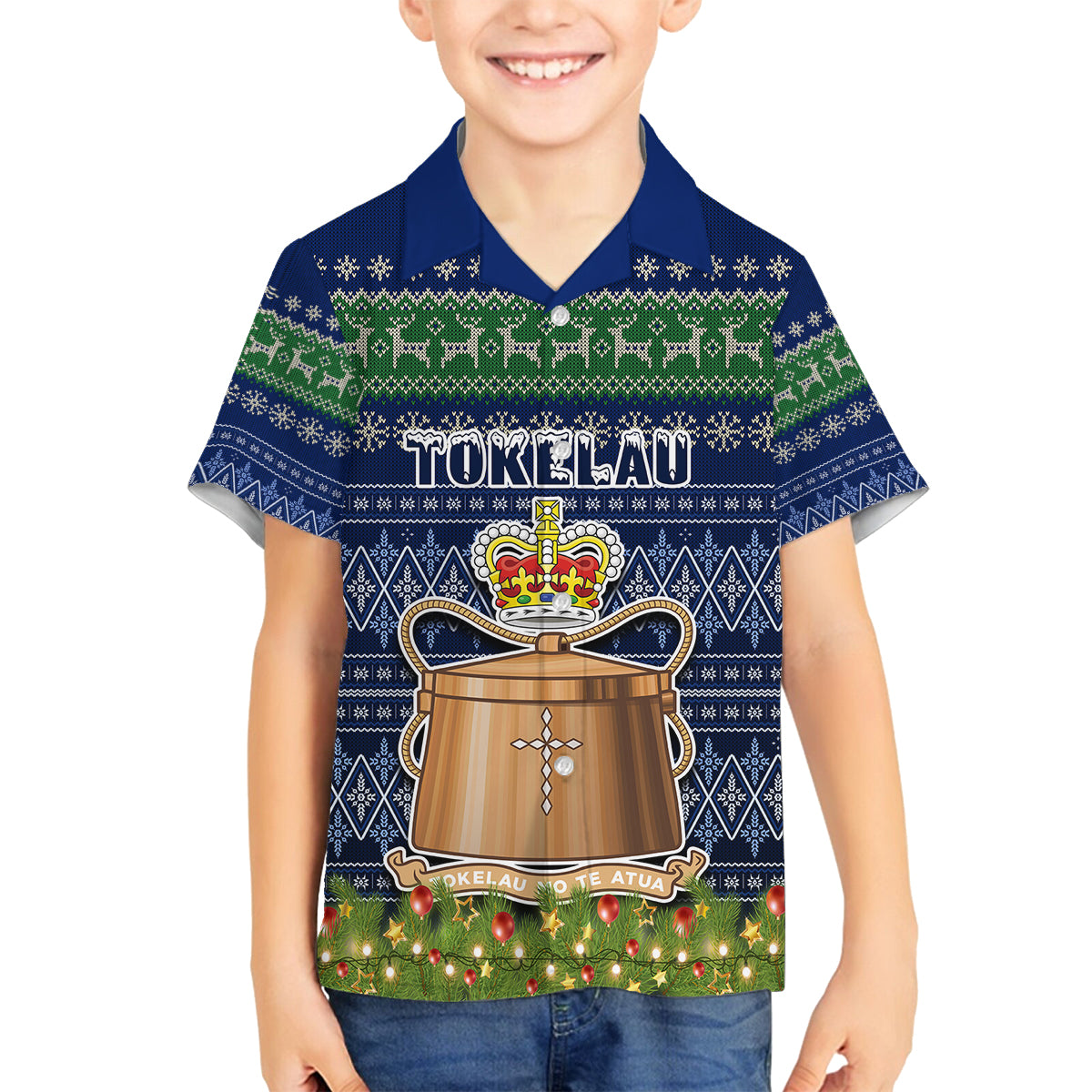 Tokelau Christmas Family Matching Off Shoulder Short Dress and Hawaiian Shirt Coat of Arms and Map Beautiful Merry Xmas Snowflake LT03 Son's Shirt Blue - Polynesian Pride