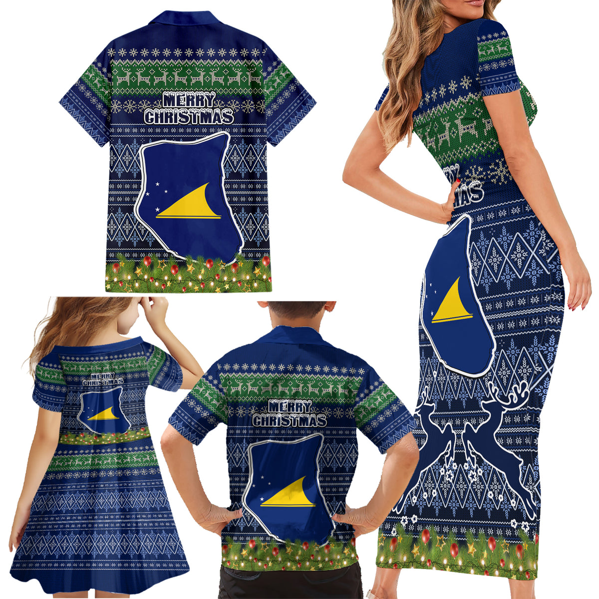 Tokelau Christmas Family Matching Short Sleeve Bodycon Dress and Hawaiian Shirt Coat of Arms and Map Beautiful Merry Xmas Snowflake LT03 - Polynesian Pride
