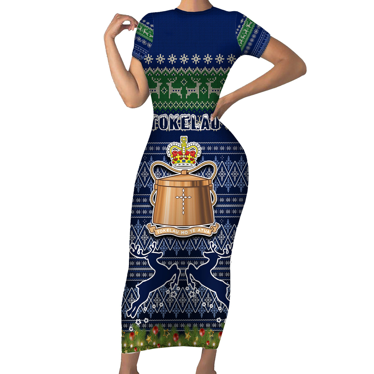 Tokelau Christmas Family Matching Short Sleeve Bodycon Dress and Hawaiian Shirt Coat of Arms and Map Beautiful Merry Xmas Snowflake LT03 Mom's Dress Blue - Polynesian Pride