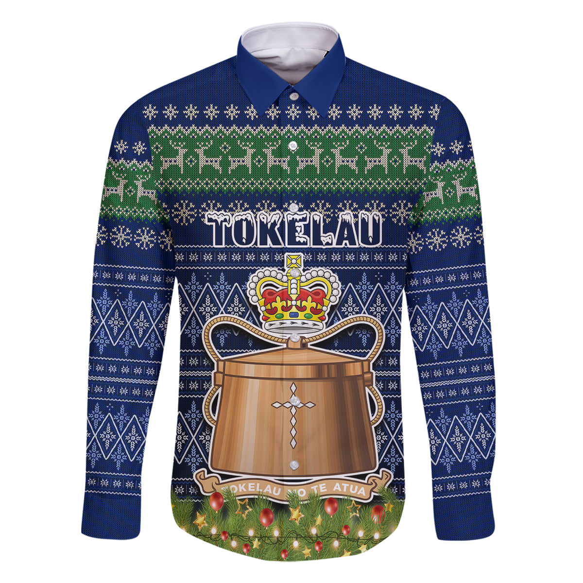 Tokelau Christmas Family Matching Tank Maxi Dress and Hawaiian Shirt Coat of Arms and Map Beautiful Merry Xmas Snowflake LT03 Dad's Shirt - Long Sleeve Blue - Polynesian Pride