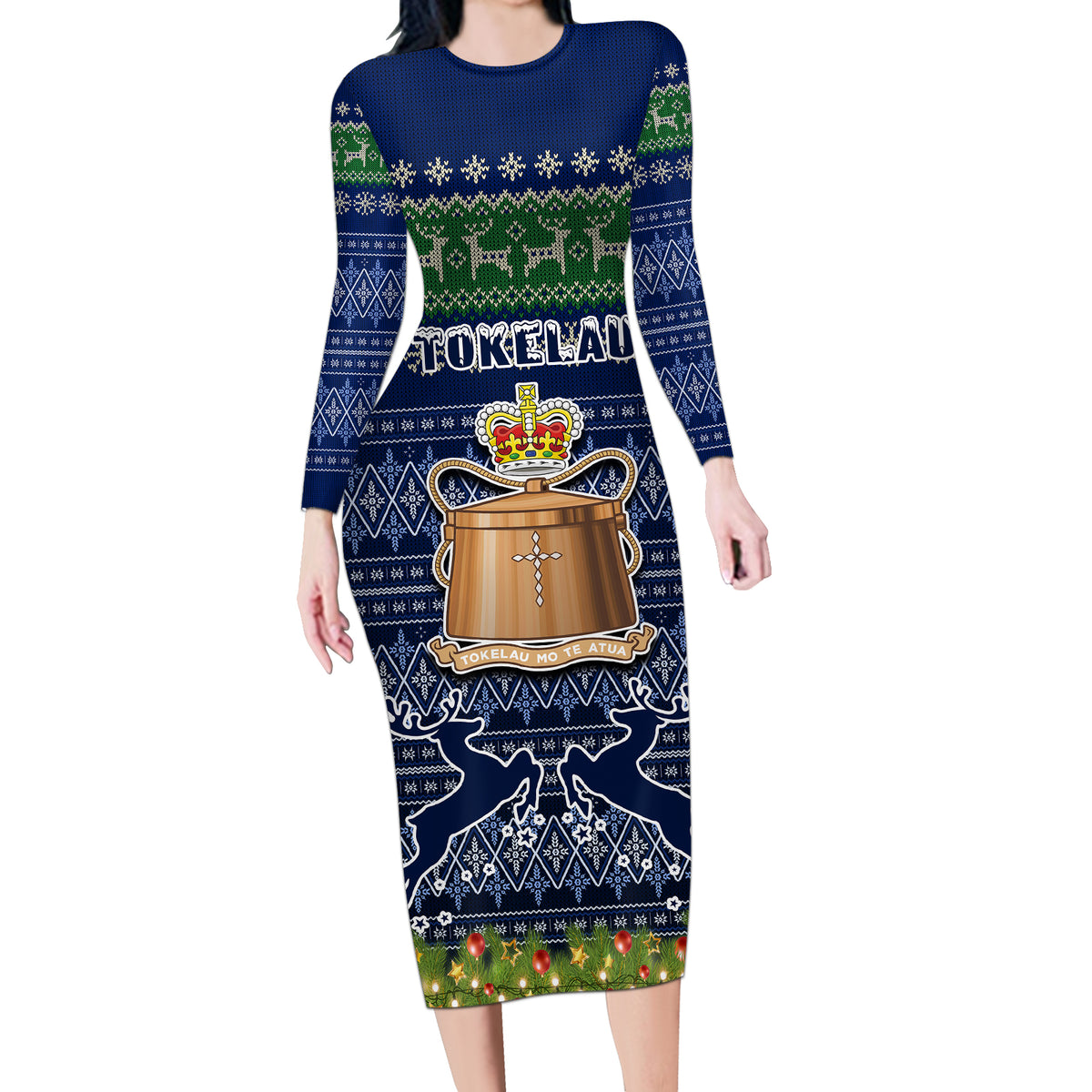 Tokelau Christmas Long Sleeve Bodycon Dress Coat of Arms and Map Beautiful Merry Xmas Snowflake LT03 Long Dress Blue - Polynesian Pride