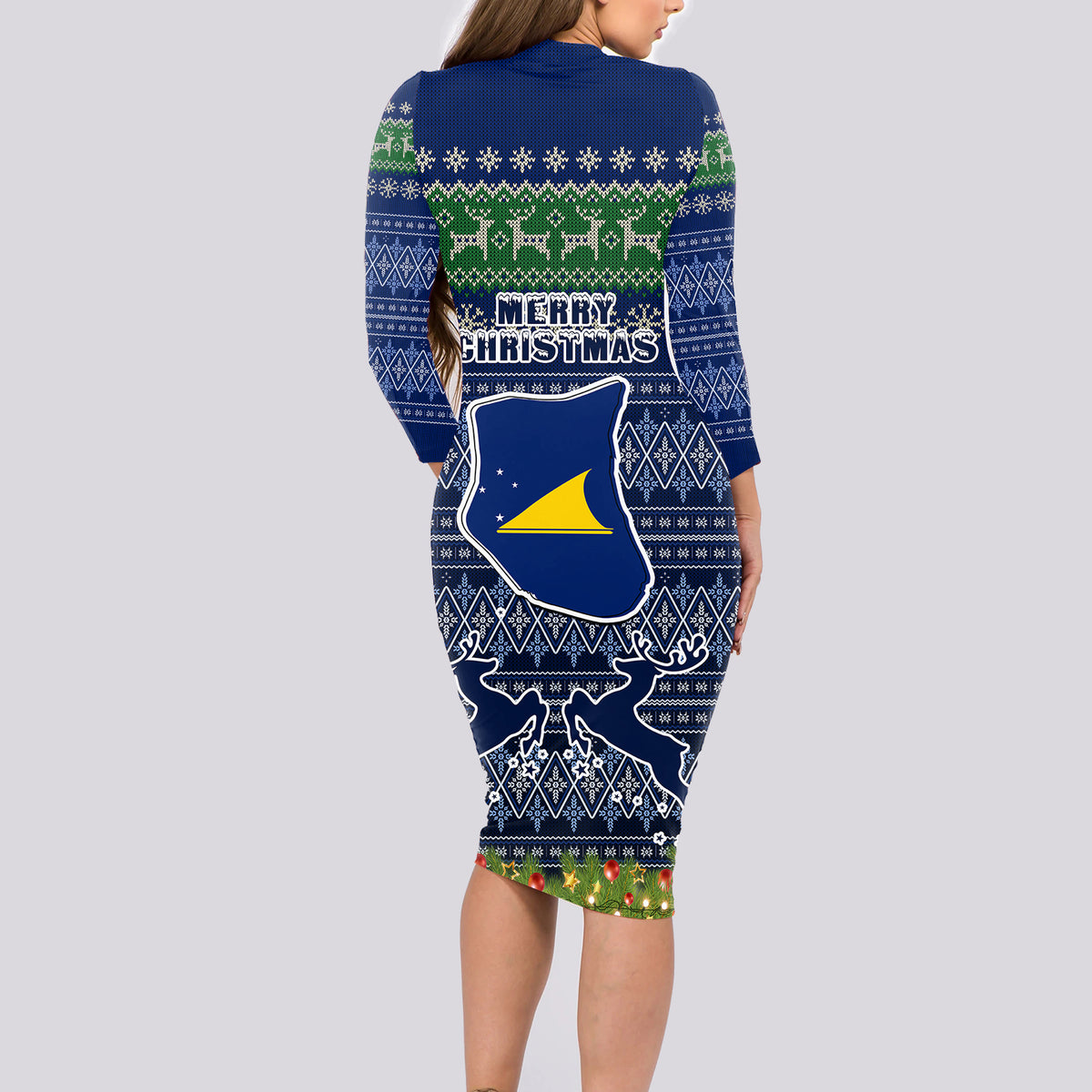Tokelau Christmas Long Sleeve Bodycon Dress Coat of Arms and Map Beautiful Merry Xmas Snowflake LT03 - Polynesian Pride