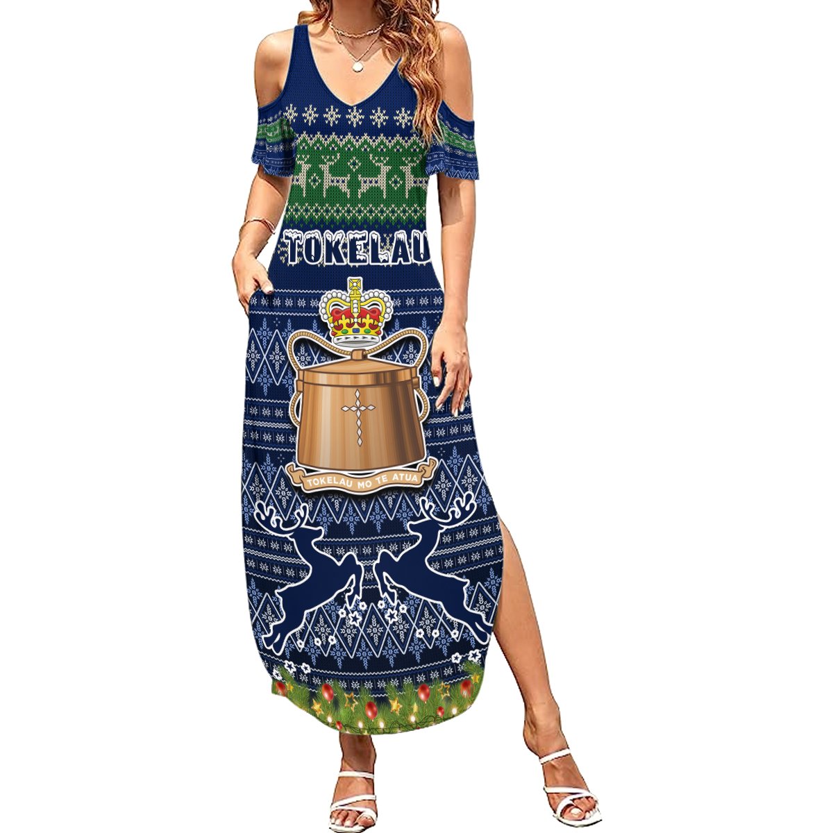Tokelau Christmas Summer Maxi Dress Coat of Arms and Map Beautiful Merry Xmas Snowflake LT03 Women Blue - Polynesian Pride