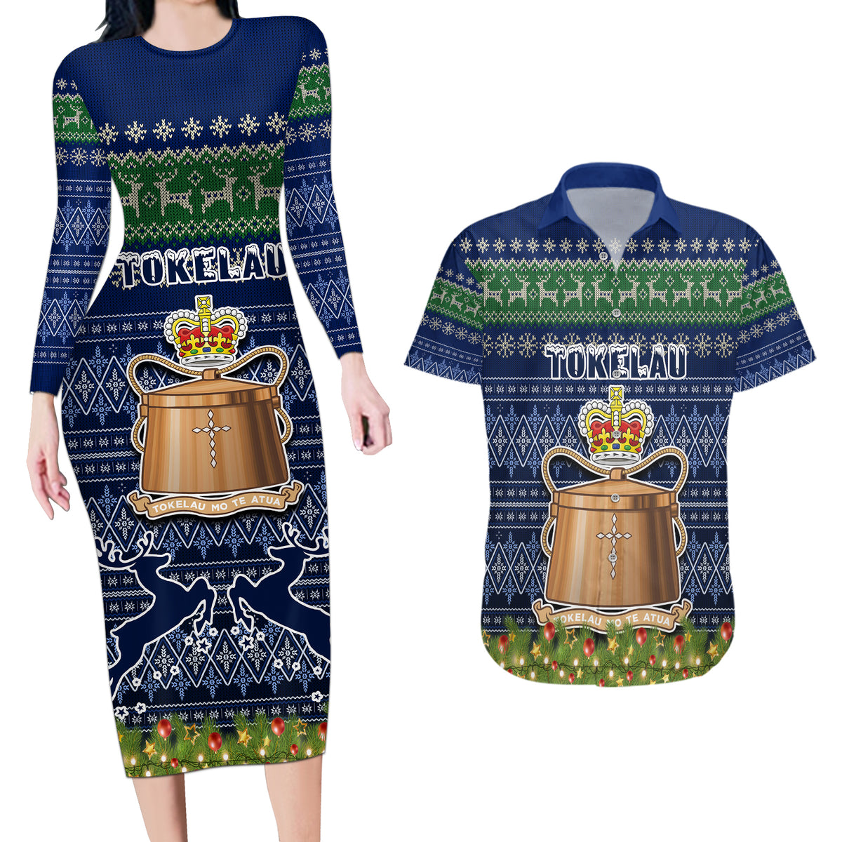 Personalised Tokelau Christmas Couples Matching Long Sleeve Bodycon Dress and Hawaiian Shirt Coat of Arms and Map Beautiful Merry Xmas Snowflake LT03 Blue - Polynesian Pride