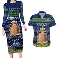 Personalised Tokelau Christmas Couples Matching Long Sleeve Bodycon Dress and Hawaiian Shirt Coat of Arms and Map Beautiful Merry Xmas Snowflake LT03 Blue - Polynesian Pride