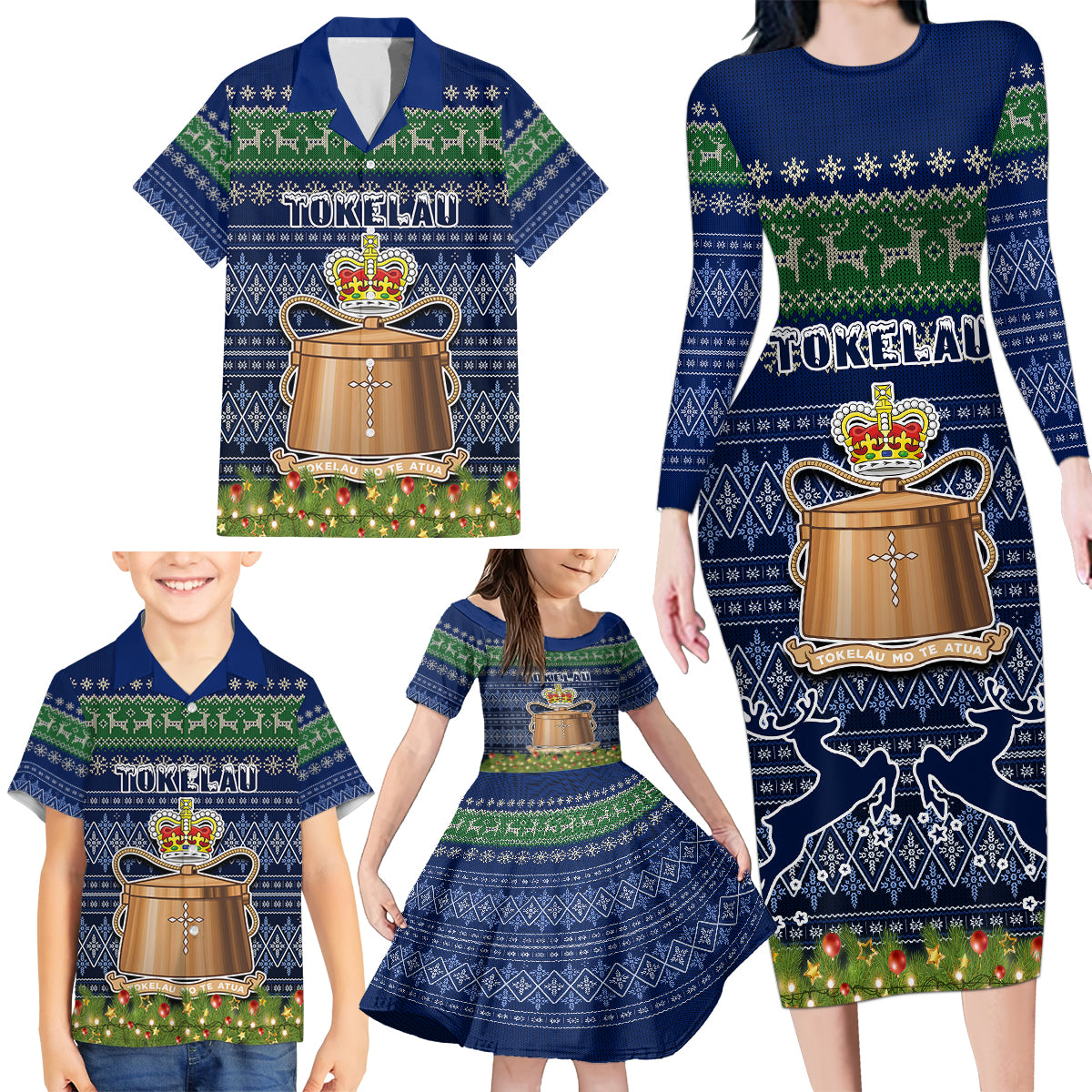 Personalised Tokelau Christmas Family Matching Long Sleeve Bodycon Dress and Hawaiian Shirt Coat of Arms and Map Beautiful Merry Xmas Snowflake LT03 - Polynesian Pride