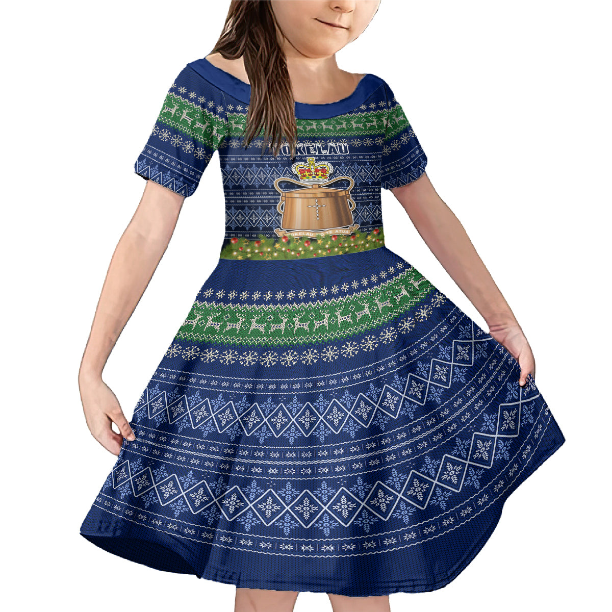 Personalised Tokelau Christmas Family Matching Mermaid Dress and Hawaiian Shirt Coat of Arms and Map Beautiful Merry Xmas Snowflake LT03 Daughter's Dress Blue - Polynesian Pride