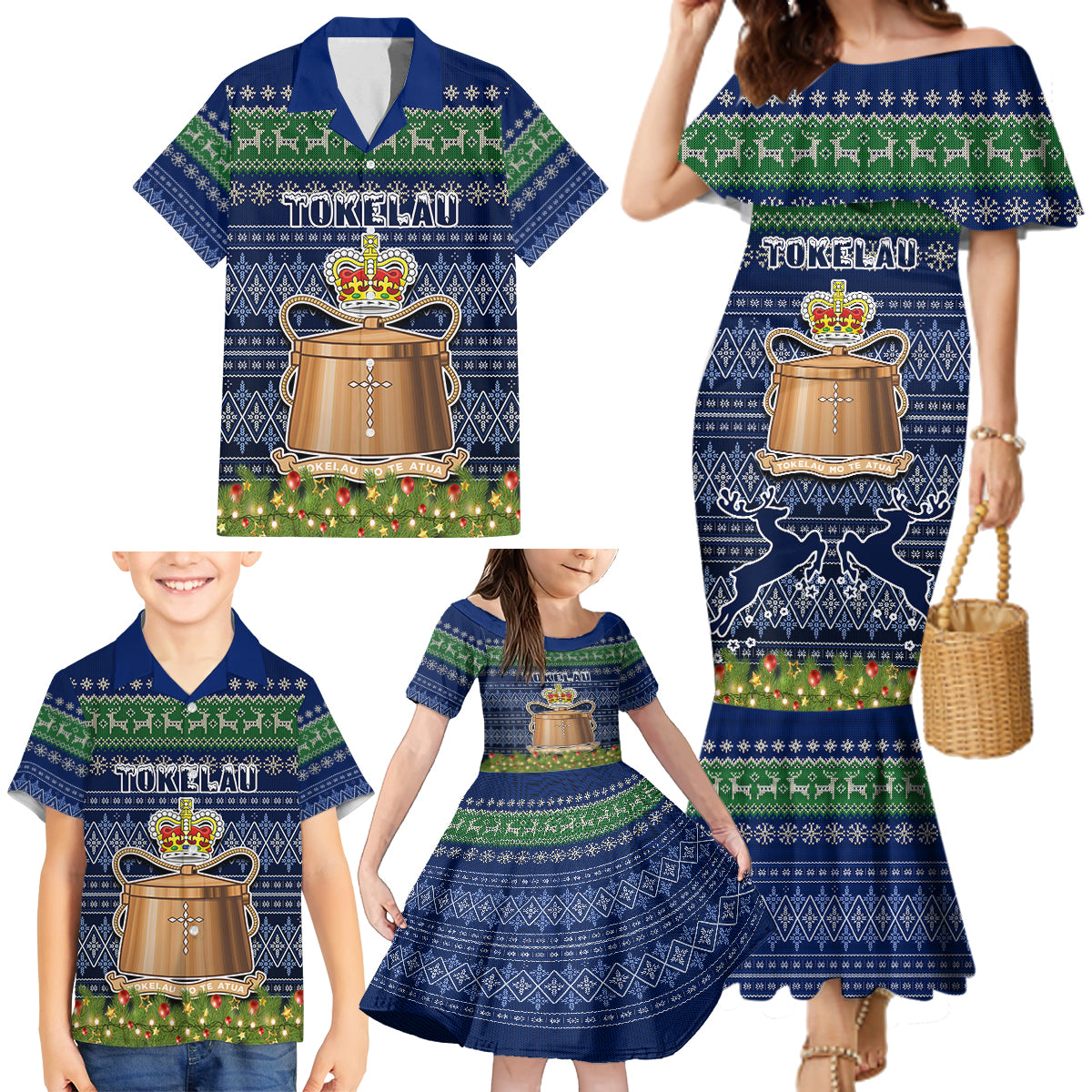 Personalised Tokelau Christmas Family Matching Mermaid Dress and Hawaiian Shirt Coat of Arms and Map Beautiful Merry Xmas Snowflake LT03 - Polynesian Pride