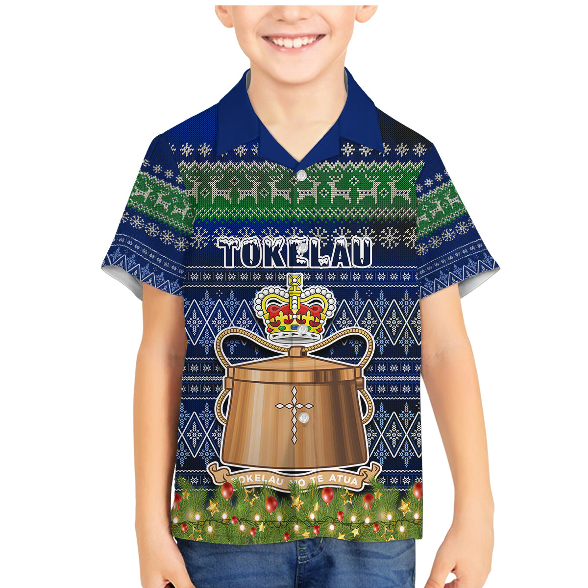 Personalised Tokelau Christmas Family Matching Mermaid Dress and Hawaiian Shirt Coat of Arms and Map Beautiful Merry Xmas Snowflake LT03 Son's Shirt Blue - Polynesian Pride
