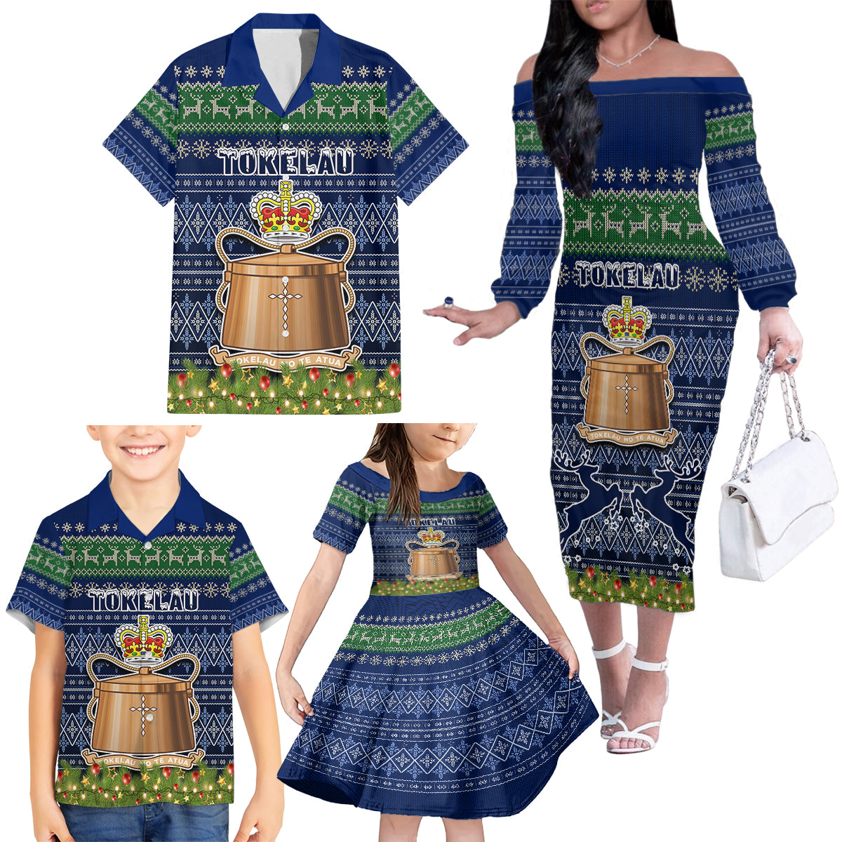 Personalised Tokelau Christmas Family Matching Off Shoulder Long Sleeve Dress and Hawaiian Shirt Coat of Arms and Map Beautiful Merry Xmas Snowflake LT03 - Polynesian Pride
