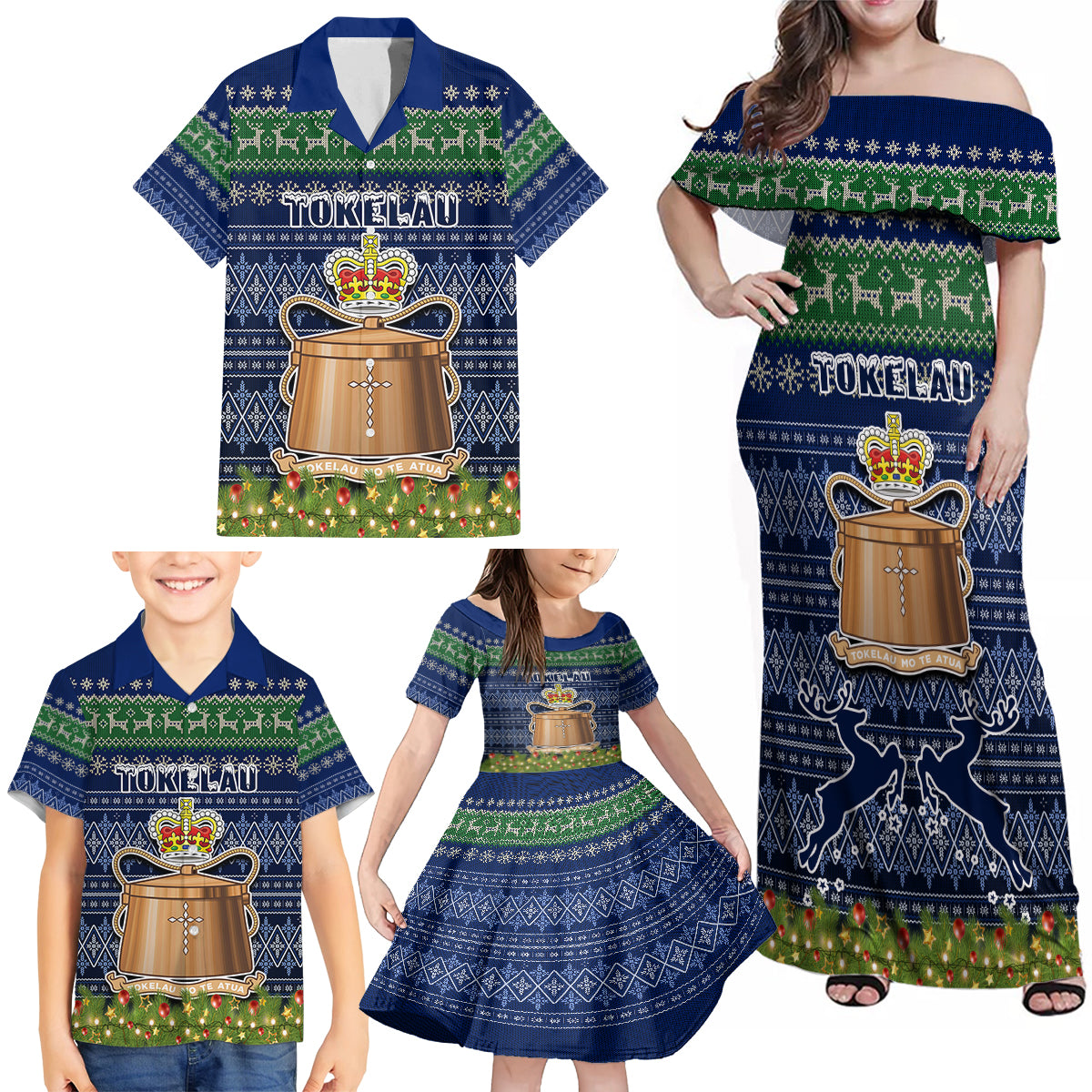 Personalised Tokelau Christmas Family Matching Off Shoulder Maxi Dress and Hawaiian Shirt Coat of Arms and Map Beautiful Merry Xmas Snowflake LT03 - Polynesian Pride