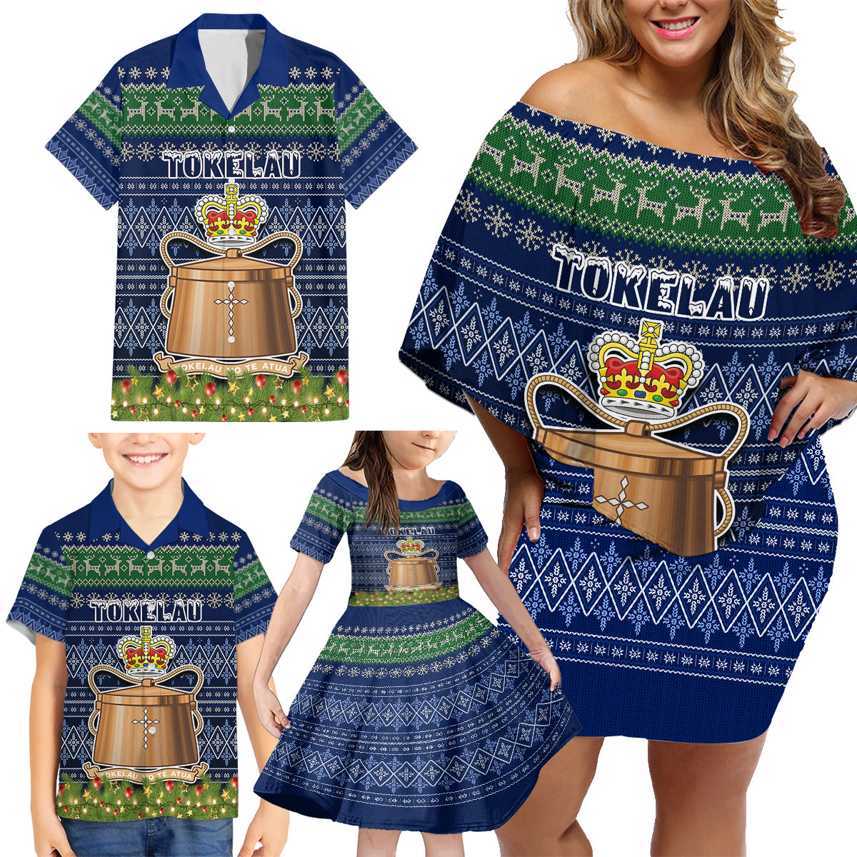 Personalised Tokelau Christmas Family Matching Off Shoulder Short Dress and Hawaiian Shirt Coat of Arms and Map Beautiful Merry Xmas Snowflake LT03 - Polynesian Pride