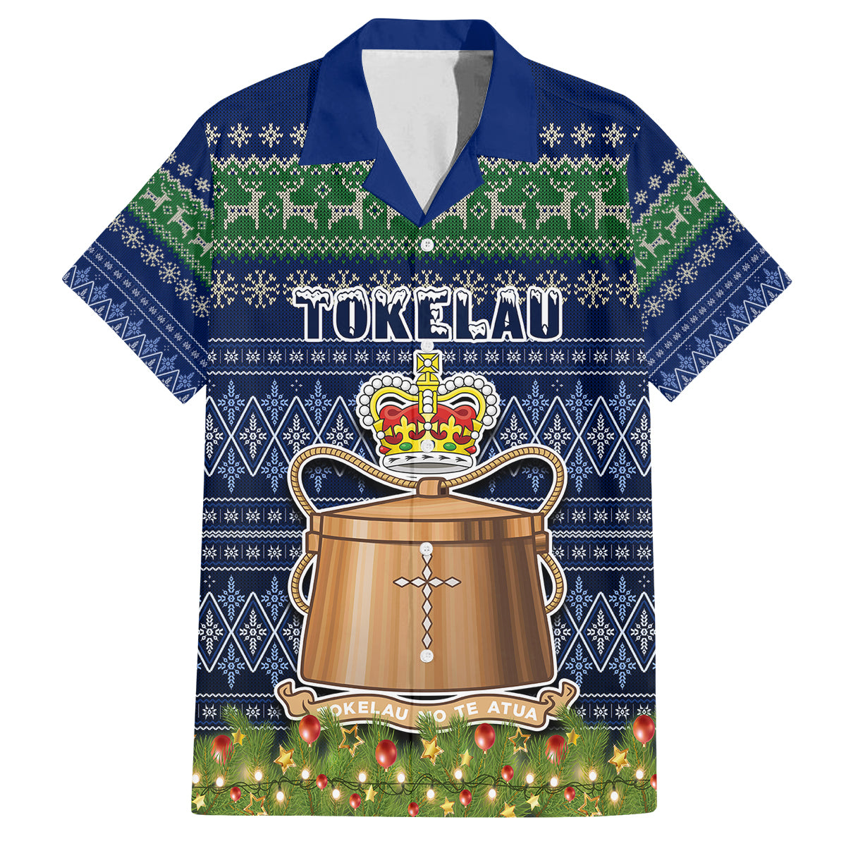 Personalised Tokelau Christmas Family Matching Off Shoulder Short Dress and Hawaiian Shirt Coat of Arms and Map Beautiful Merry Xmas Snowflake LT03 Dad's Shirt - Short Sleeve Blue - Polynesian Pride