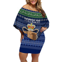 Personalised Tokelau Christmas Family Matching Off Shoulder Short Dress and Hawaiian Shirt Coat of Arms and Map Beautiful Merry Xmas Snowflake LT03 Mom's Dress Blue - Polynesian Pride