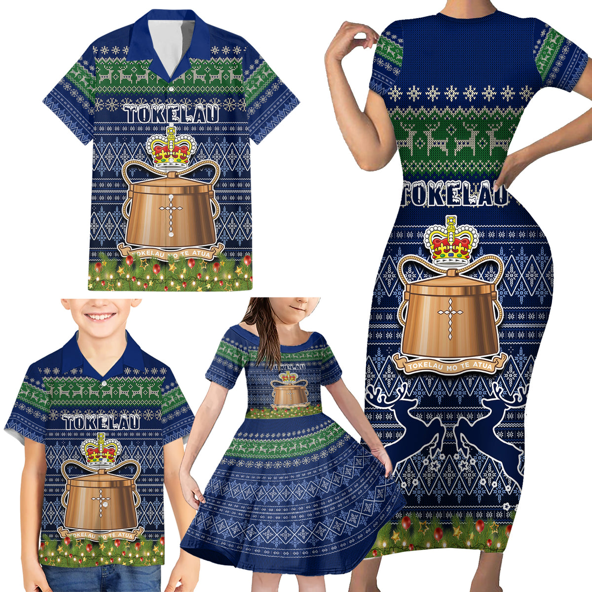 Personalised Tokelau Christmas Family Matching Short Sleeve Bodycon Dress and Hawaiian Shirt Coat of Arms and Map Beautiful Merry Xmas Snowflake LT03 - Polynesian Pride