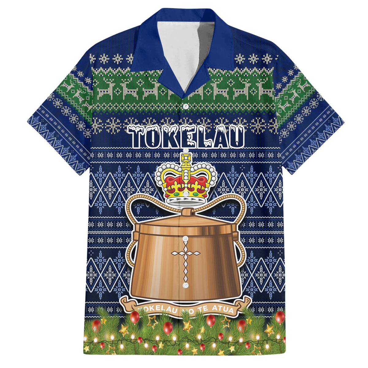 Personalised Tokelau Christmas Family Matching Short Sleeve Bodycon Dress and Hawaiian Shirt Coat of Arms and Map Beautiful Merry Xmas Snowflake LT03 Dad's Shirt - Short Sleeve Blue - Polynesian Pride