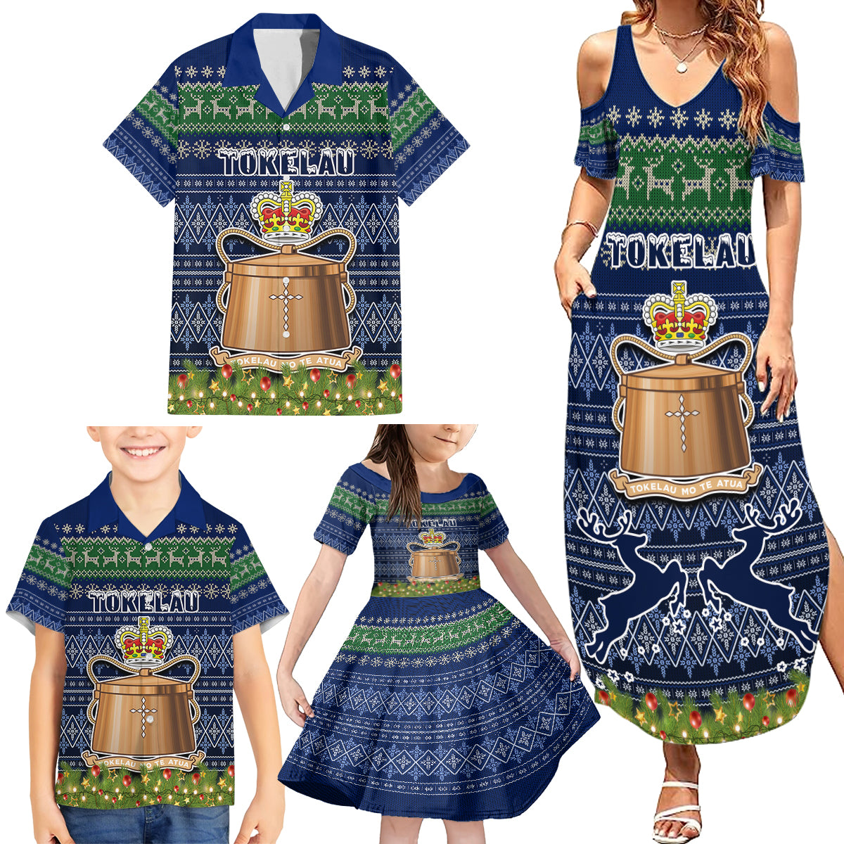 Personalised Tokelau Christmas Family Matching Summer Maxi Dress and Hawaiian Shirt Coat of Arms and Map Beautiful Merry Xmas Snowflake LT03 - Polynesian Pride