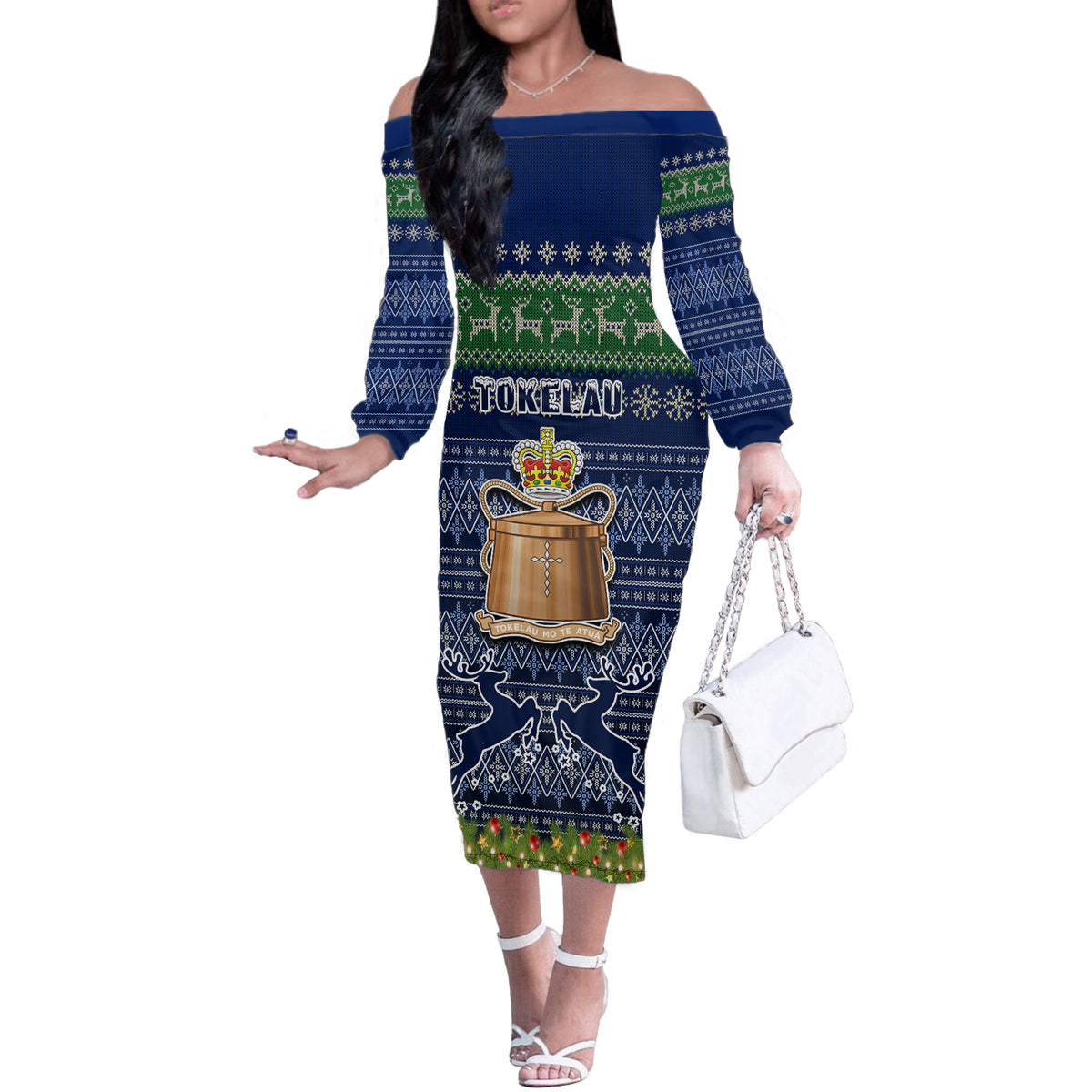 Personalised Tokelau Christmas Off The Shoulder Long Sleeve Dress Coat of Arms and Map Beautiful Merry Xmas Snowflake LT03 Women Blue - Polynesian Pride