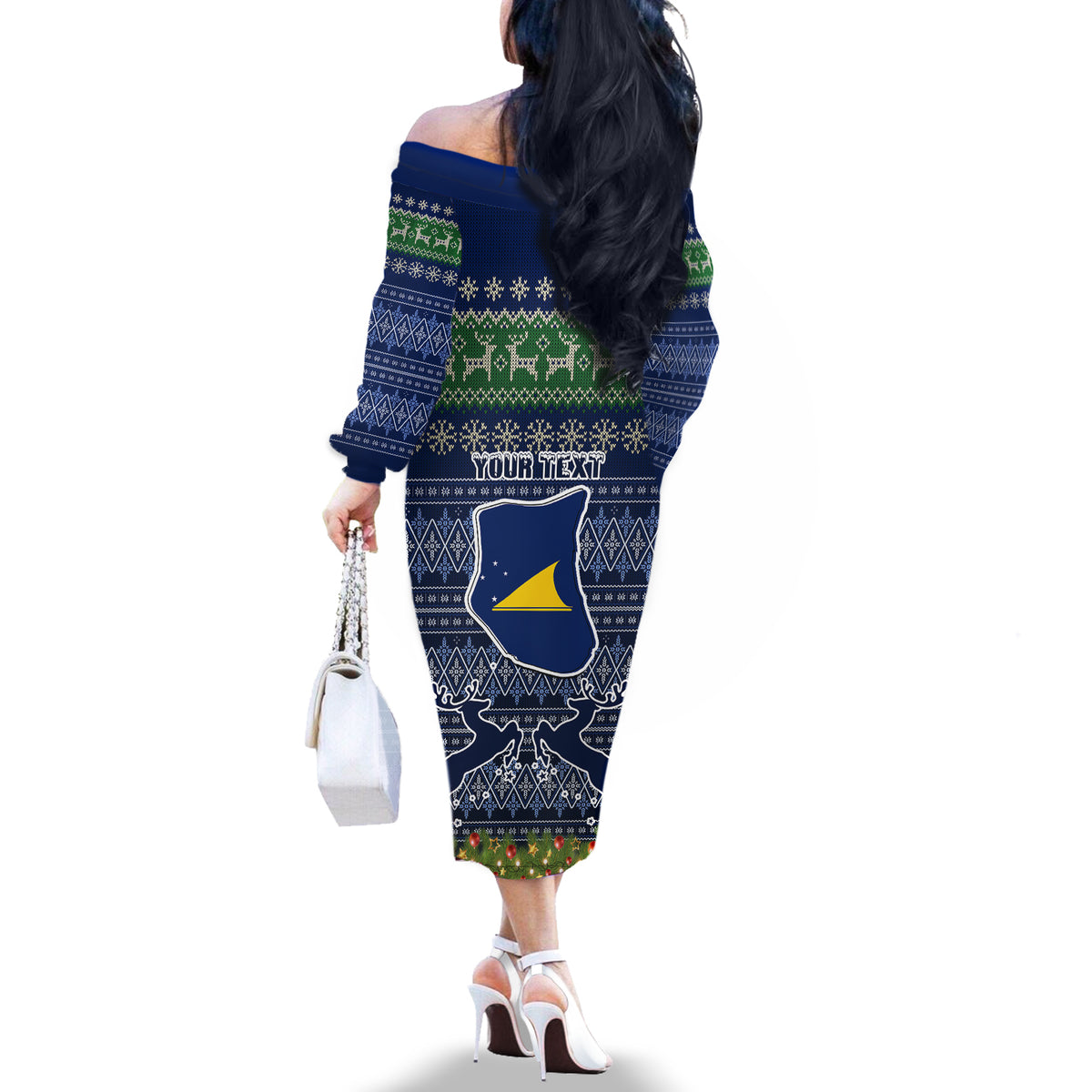 Personalised Tokelau Christmas Off The Shoulder Long Sleeve Dress Coat of Arms and Map Beautiful Merry Xmas Snowflake LT03 - Polynesian Pride