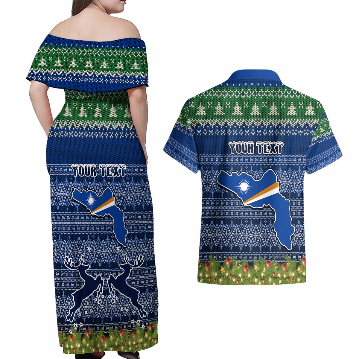 Personalised Marshall Islands Christmas Couples Matching Off Shoulder Maxi Dress and Hawaiian Shirt Coat of Arms and Map Beautiful Merry Xmas Snowflake LT03 - Polynesian Pride