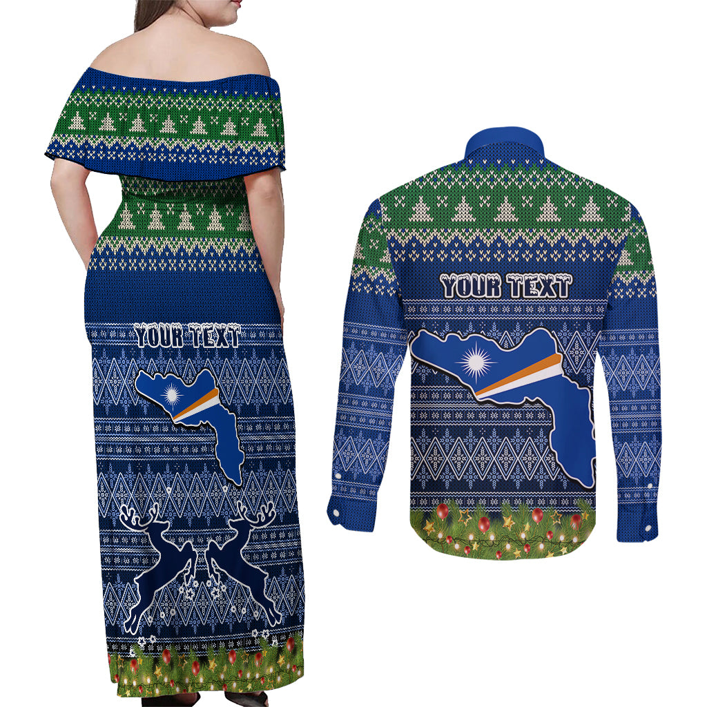 Personalised Marshall Islands Christmas Couples Matching Off Shoulder Maxi Dress and Long Sleeve Button Shirts Coat of Arms and Map Beautiful Merry Xmas Snowflake LT03 - Polynesian Pride