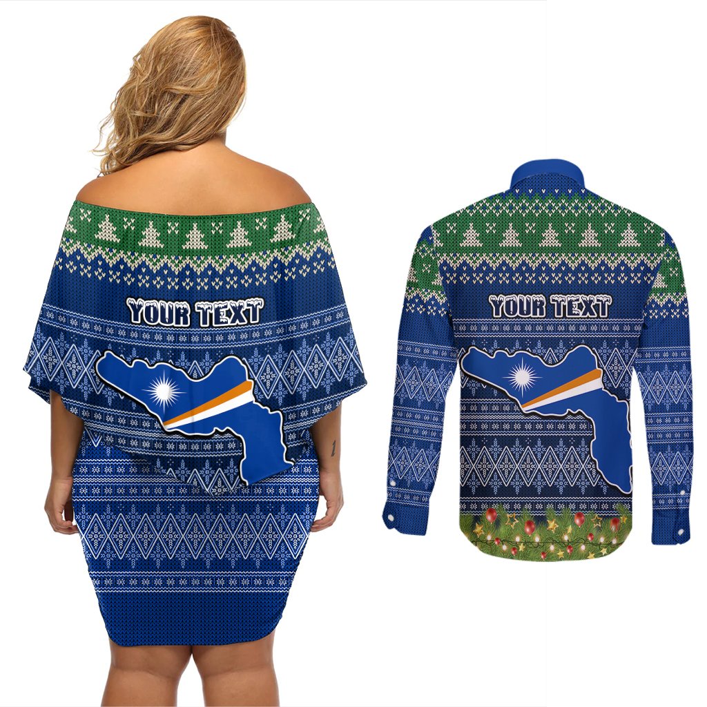 Personalised Marshall Islands Christmas Couples Matching Off Shoulder Short Dress and Long Sleeve Button Shirts Coat of Arms and Map Beautiful Merry Xmas Snowflake LT03 - Polynesian Pride