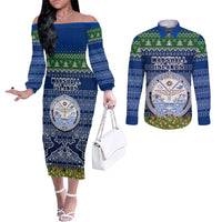 Personalised Marshall Islands Christmas Couples Matching Off The Shoulder Long Sleeve Dress and Long Sleeve Button Shirts Coat of Arms and Map Beautiful Merry Xmas Snowflake LT03 Blue - Polynesian Pride