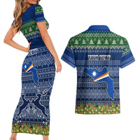 Personalised Marshall Islands Christmas Couples Matching Short Sleeve Bodycon Dress and Hawaiian Shirt Coat of Arms and Map Beautiful Merry Xmas Snowflake LT03 - Polynesian Pride