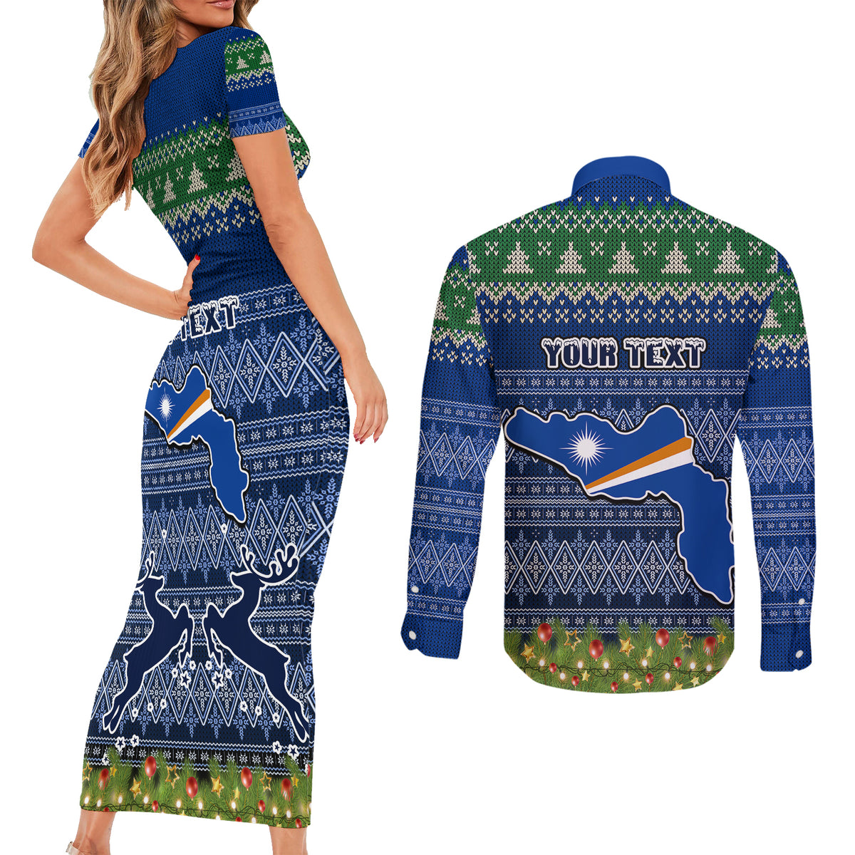 Personalised Marshall Islands Christmas Couples Matching Short Sleeve Bodycon Dress and Long Sleeve Button Shirts Coat of Arms and Map Beautiful Merry Xmas Snowflake LT03 - Polynesian Pride