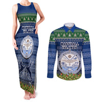 Personalised Marshall Islands Christmas Couples Matching Tank Maxi Dress and Long Sleeve Button Shirts Coat of Arms and Map Beautiful Merry Xmas Snowflake LT03 Blue - Polynesian Pride