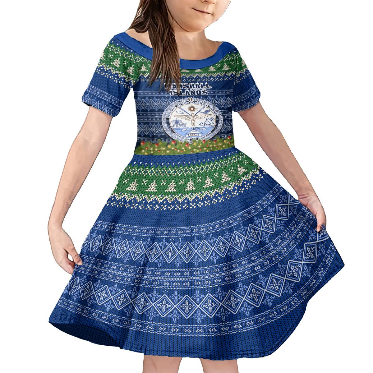 Personalised Marshall Islands Christmas Family Matching Long Sleeve Bodycon Dress and Hawaiian Shirt Coat of Arms and Map Beautiful Merry Xmas Snowflake LT03 Daughter's Dress Blue - Polynesian Pride