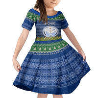 Personalised Marshall Islands Christmas Family Matching Long Sleeve Bodycon Dress and Hawaiian Shirt Coat of Arms and Map Beautiful Merry Xmas Snowflake LT03 Daughter's Dress Blue - Polynesian Pride