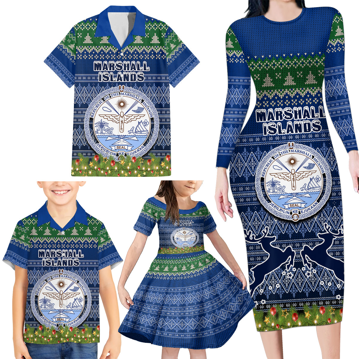 Personalised Marshall Islands Christmas Family Matching Long Sleeve Bodycon Dress and Hawaiian Shirt Coat of Arms and Map Beautiful Merry Xmas Snowflake LT03 - Polynesian Pride