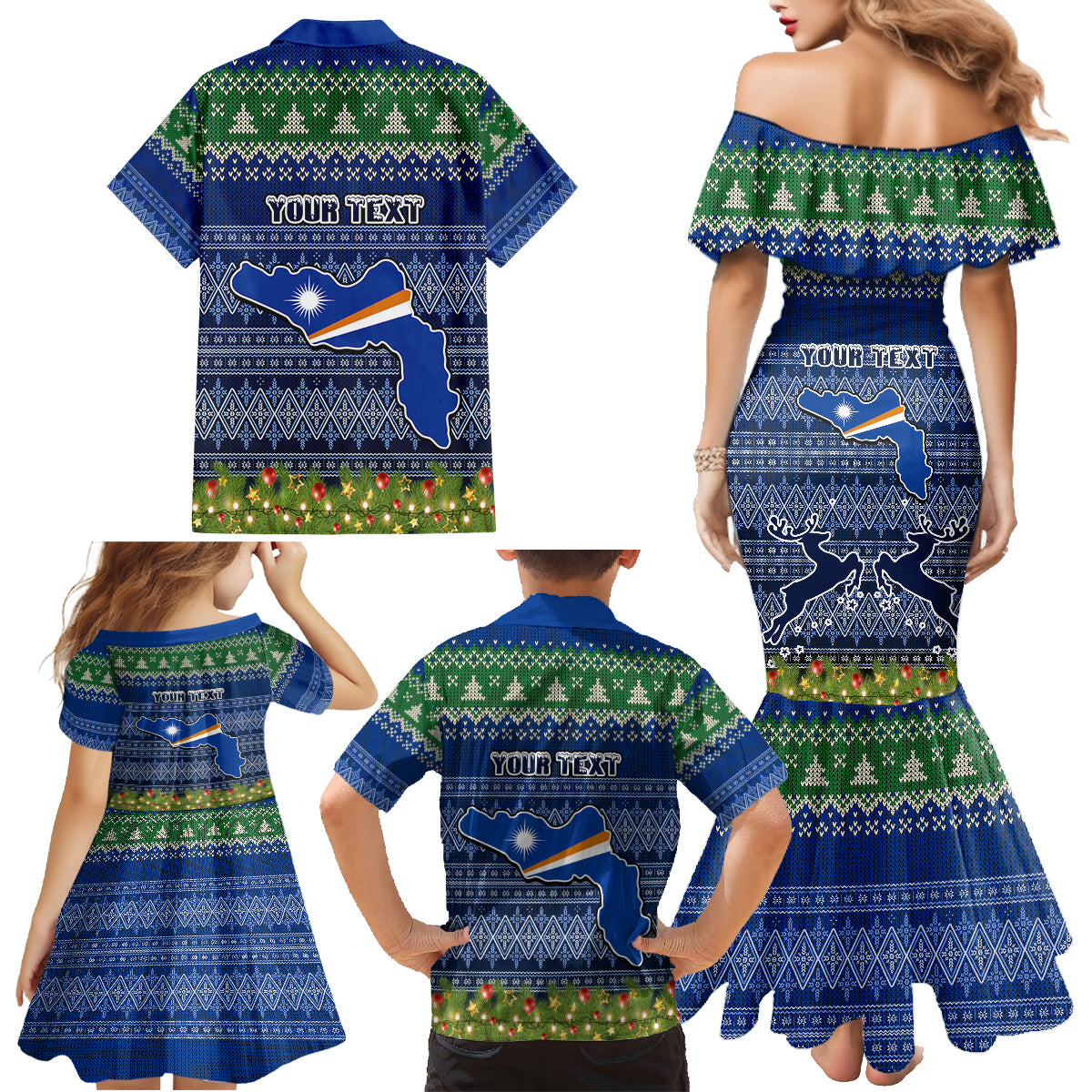 Personalised Marshall Islands Christmas Family Matching Mermaid Dress and Hawaiian Shirt Coat of Arms and Map Beautiful Merry Xmas Snowflake LT03 - Polynesian Pride